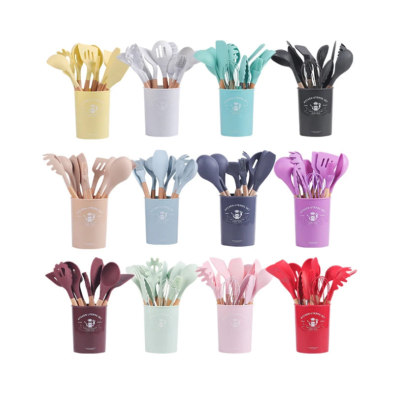 Heat Resistant Silicone Kitchen Cookware Cooking Wooden Handles Utensil Set 12Pcs Spatula Utensils Kitchen Set