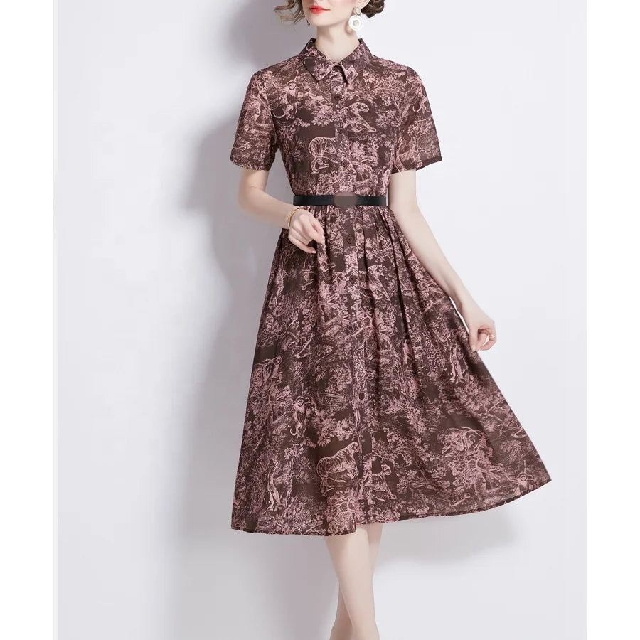 2024 Summer New Casual Women's Ink Printed Short Sleeved Single Breasted Loose Fitting Dress with Zippers and Sashes