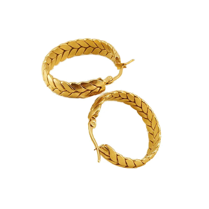 Hypoallergenic 18K Gold Plated Stainless Steel Hoop Earrings Non-Tarnish Wheat Shape Geometric Jewelry Trendy Style Women's Gift