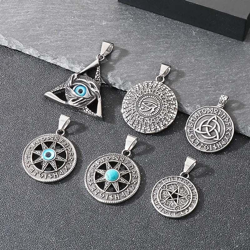 Trendy Style Hip Hop Nordic Mythology Stainless Steel Viking KNOT Triangle Blue Devil's Eye Pendant Necklace Vintage Jewelry