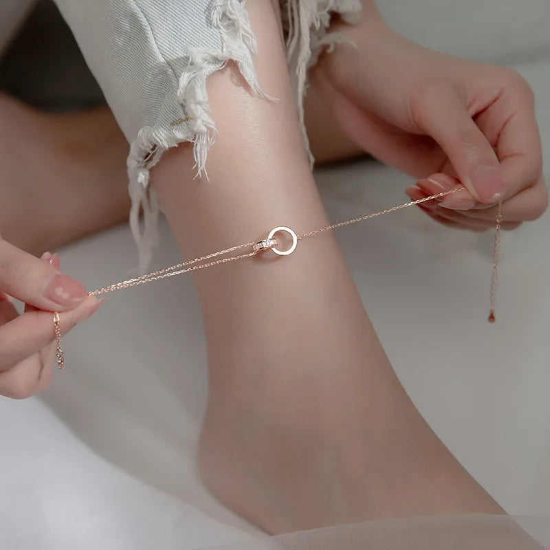Daidan Leg Chain Anklets Foot Jewelry Double Ring Interlocking Circle Zircon S925 Sterling Silver Cz Anklets for Women Rose Gold