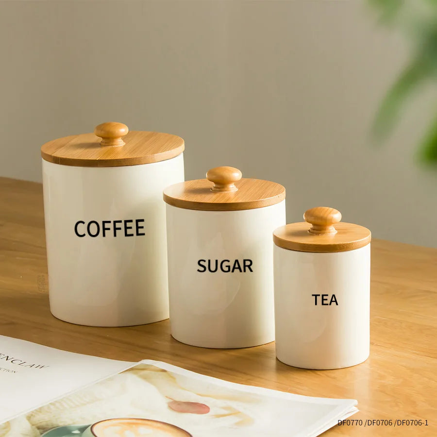 2025 Nordic Luxury Bamboo Lid White Ceramic Canister Set Kitchen Storage Tea Coffee Sugar Canisters