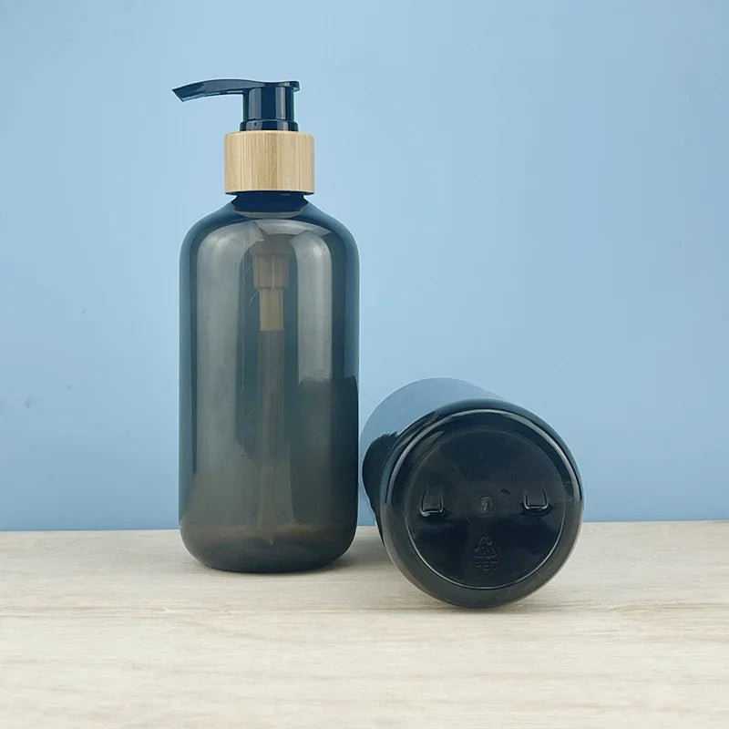 Wholesale 250ml 300ml 350ml 500ml PET Plastic Cosmetic Pump Bottles Bamboo Cap for Shampoo Conditioner Personal Care Products
