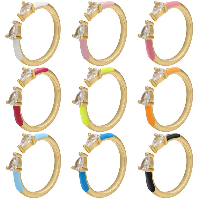 Colorful Enamel Double Hearts Rings Adjustable Open Ring Jewelry for Teen Girls Women