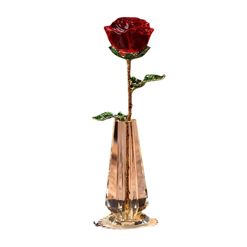 DIY Newest Forever Pink Crystal Long Stem Rose Glass Flower Bud for Valentine's Day Gift with Nice Pink Gift Box Souvenir