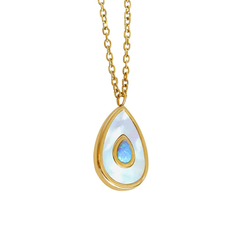Korea Stainless Steel Water Droplet Shining White Sea Shell Ocean Heart Enamel Pendant Chain Summer Jewelry for Lady