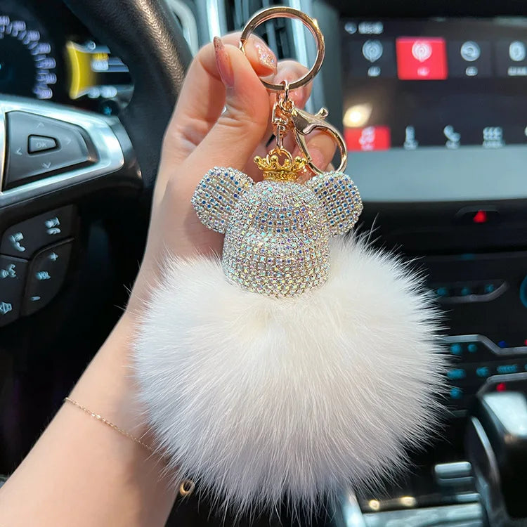 Bling Bling Diamond Studded Bear Key Ring Fluffy Pom Pom Animal Crystal Bear Keychain Keyring De Cristal