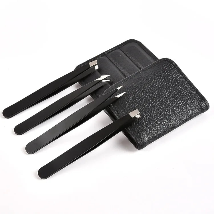 UK Popular 4pcs Eyelash Extension Tweezers Set Black Color Eyebrow Hair Remover with Pouch