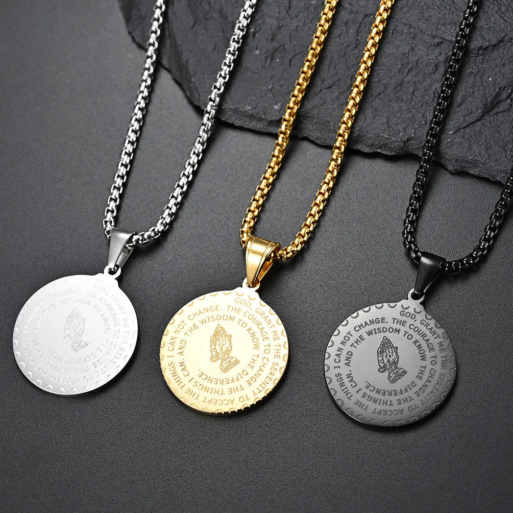Custom 18K Gold Plated Silver Black Round Polish Religious Medals Hamsa Hand Pray God Stainless Steel Necklace Pendant for Men
