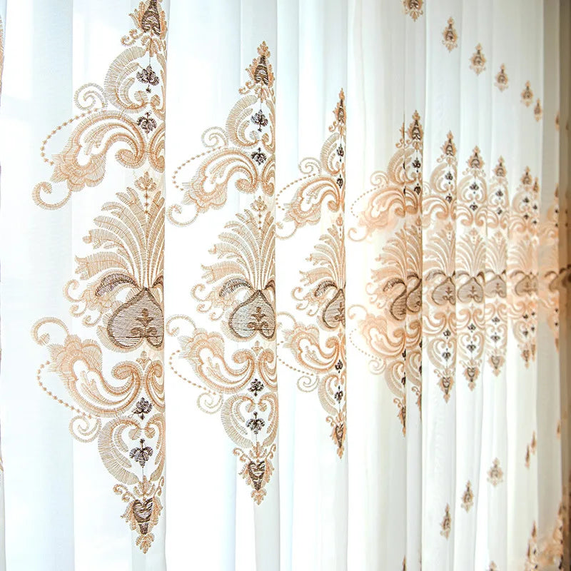 European Embroidered Floral Sheer Curtains Transparent Voile Window Drapes for Living Room/Villa Room Decoration Tulle Curtain
