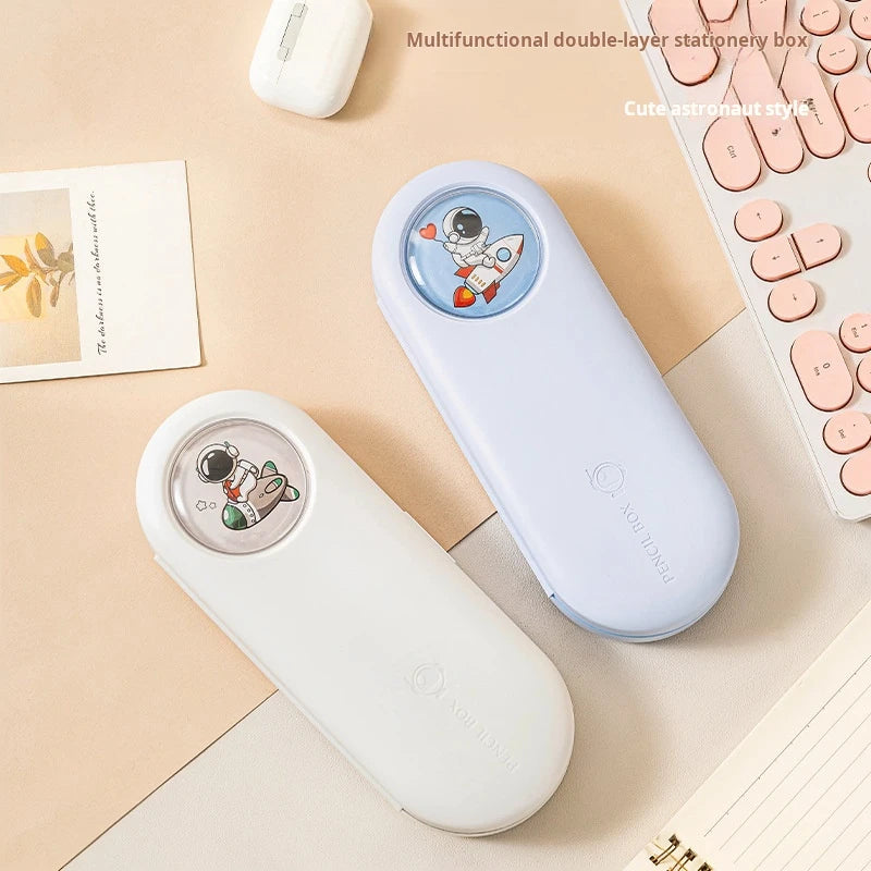 Cartoon Double Portable Pencil Case Large Capacity Cute Stationery Organizer Children Desktop Drawer
