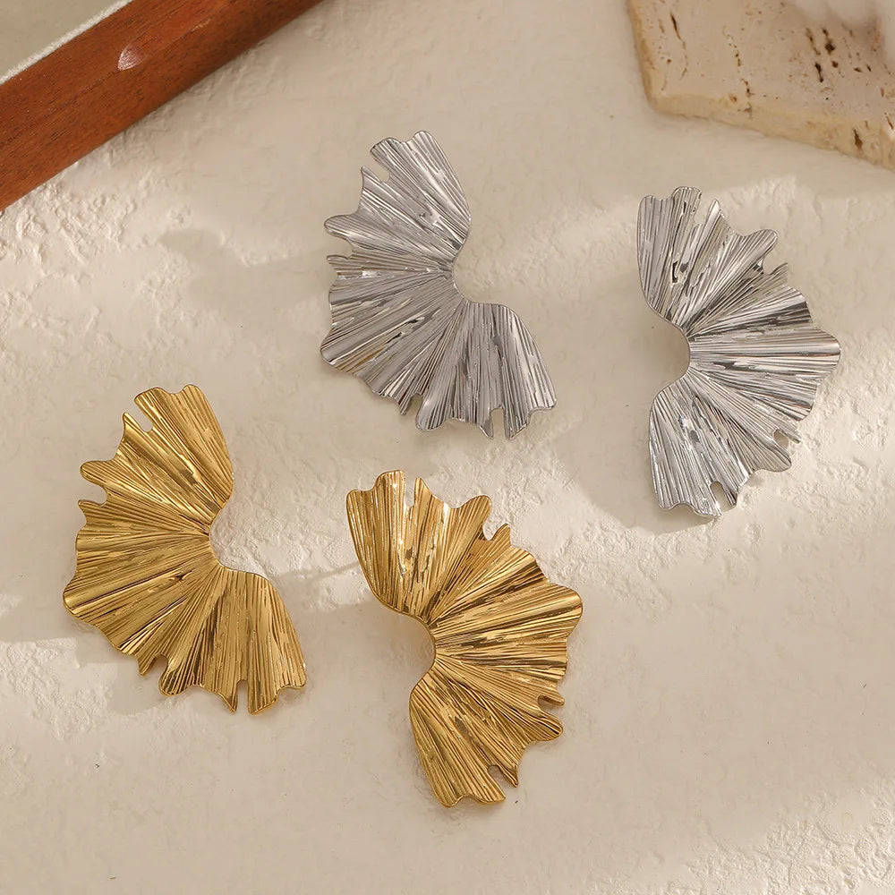 Meetyoo New Folded Texture Irregular Leaf 18K Gold Plated Stainless Steel Stud Earrings Waterproof Trendy Fashion Women Jewelry