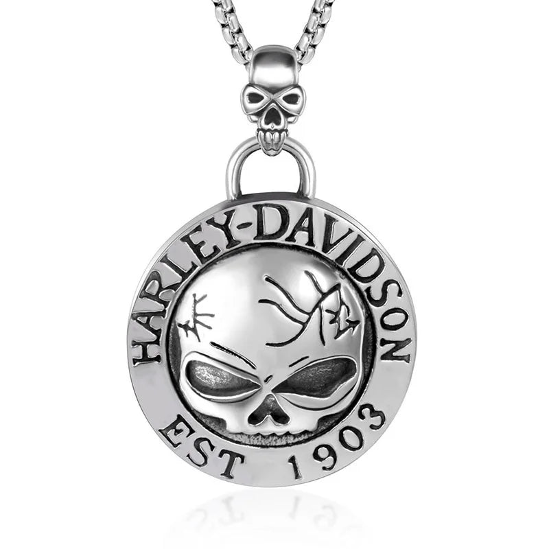 Punk Men Vintage Round Plate Stainless Steel 1991 Skull Pendant for Women Fine Necklace