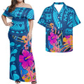 Custom Matchable Couple Hawaiian Luau Shirt Off Shoulder Maxi Simple Dress in Hibiscus Blue Polynesian Couple Matching Outfits