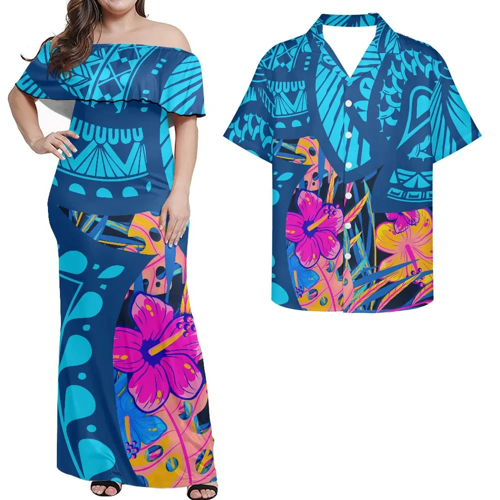 Custom Matchable Couple Hawaiian Luau Shirt Off Shoulder Maxi Simple Dress in Hibiscus Blue Polynesian Couple Matching Outfits