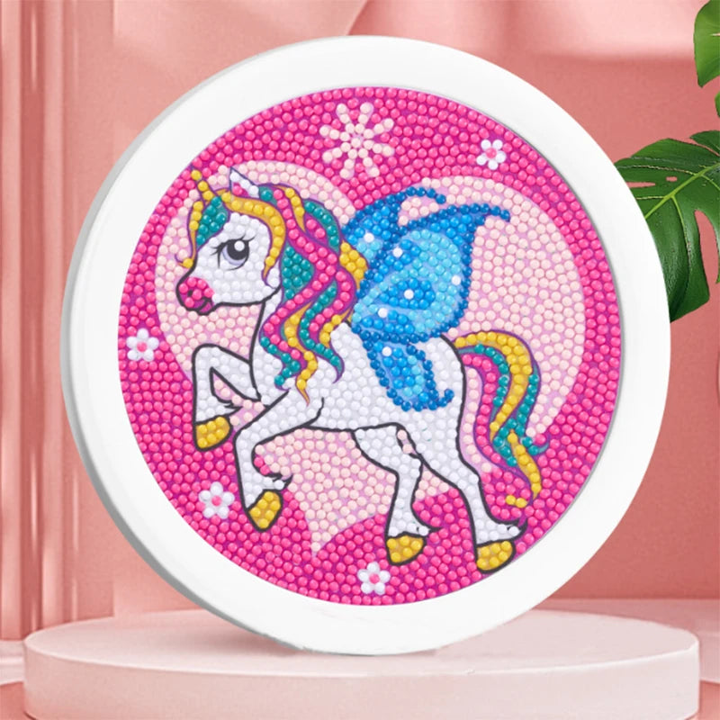 Cartoon Flying unicorn Framed Diamond Art Kit for Girls Diamond Dots Painting for Kids with Round Frames