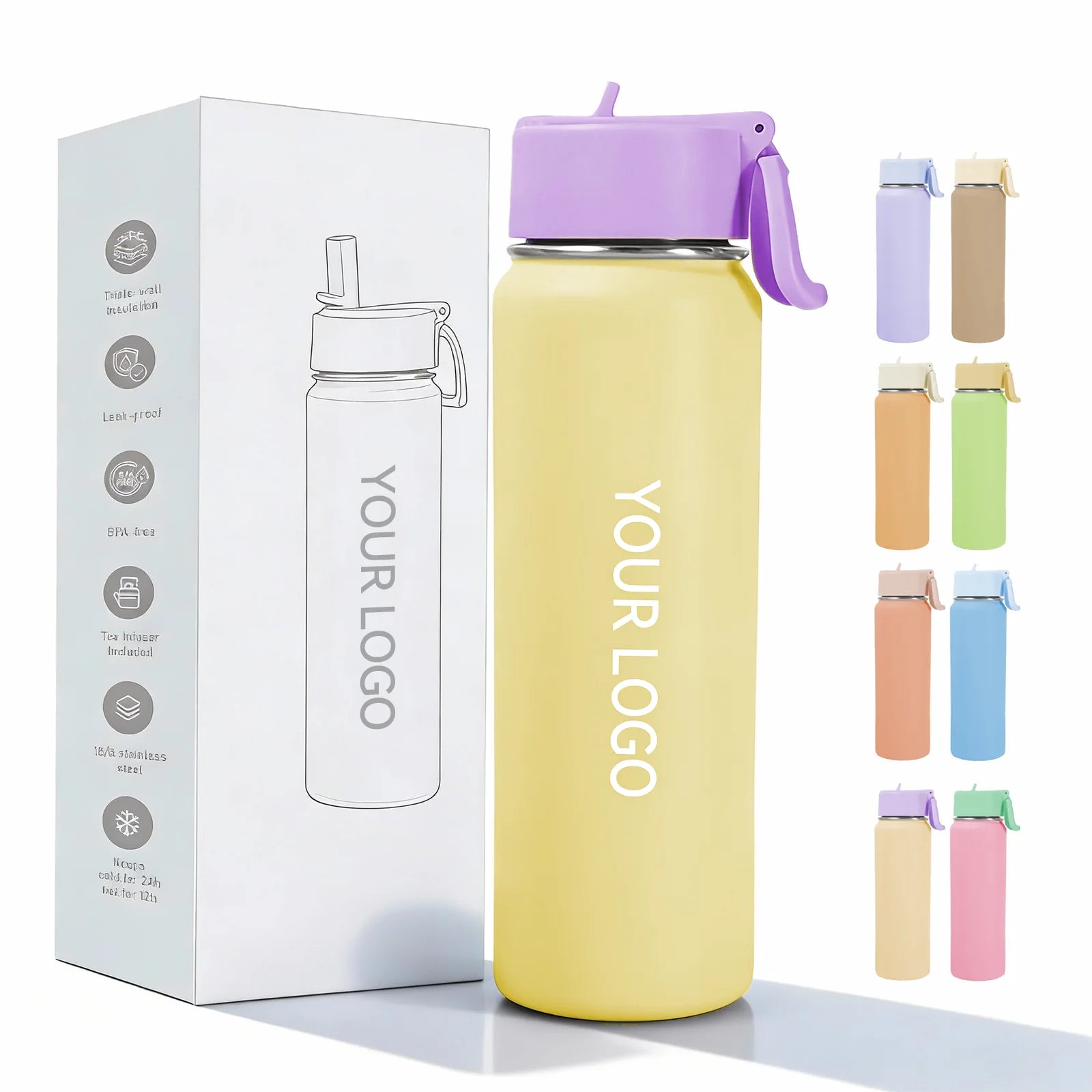 24OZ Wide Mouth Stainless Steel Vacuum Flask Sports Water Bottle Custom Logo for 12-24 Hours Thermal Insulation Leak-Proof