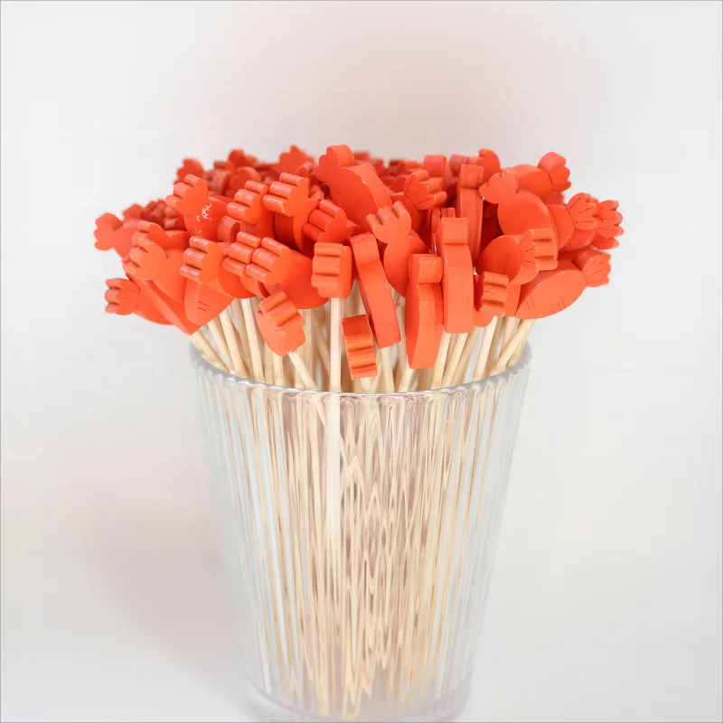 J&M 100pc Count 4.7inch Bamboo Fruit Pick Sticks Carrot and Vegetable Design Cocktail Picks Disposable Bar Tools