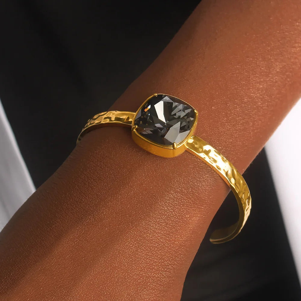 New Arrivals Adjustable Opening 18K Pvd Gold Plated Gemstone Stainless Steel Black Zircon CZ Bangle Bracelet for Women