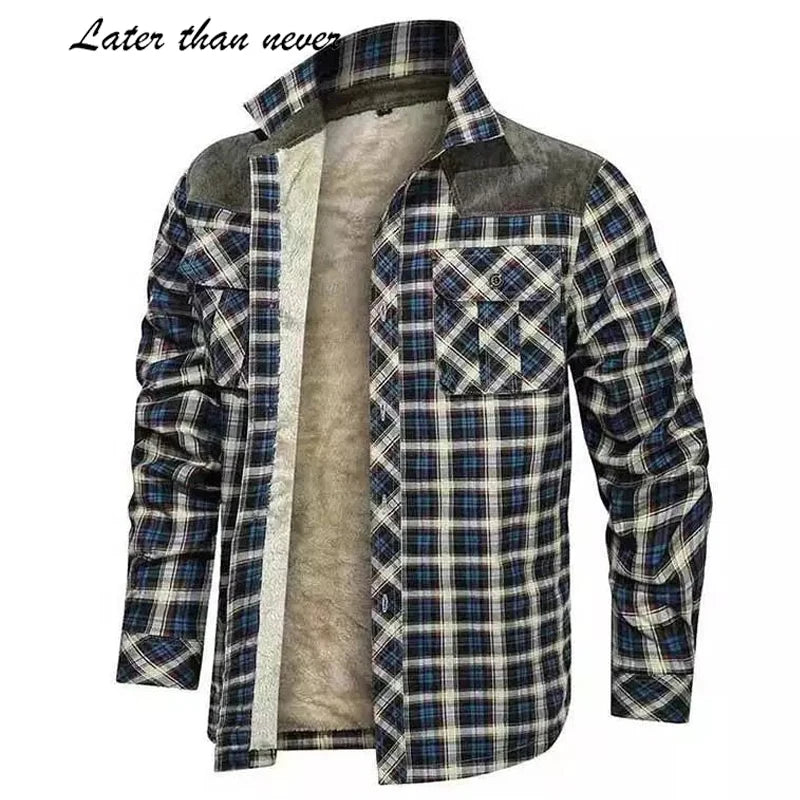 Custom Logo USA Size Men's Winter Jacket Corduroy Patchwork Flannel with Fur Lining Thicker and Warmer Tactical Style