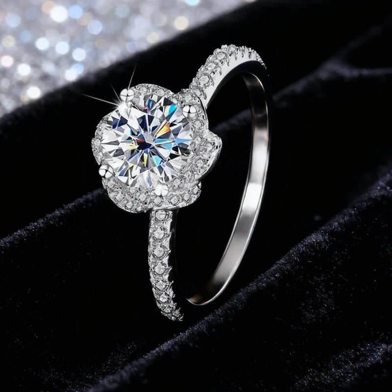 Round Rose Flower Moissanite Ring 925 Sterling Silver Excellent Cut 1 Ct Moissanite Diamond Test Past Wedding Ring for Women