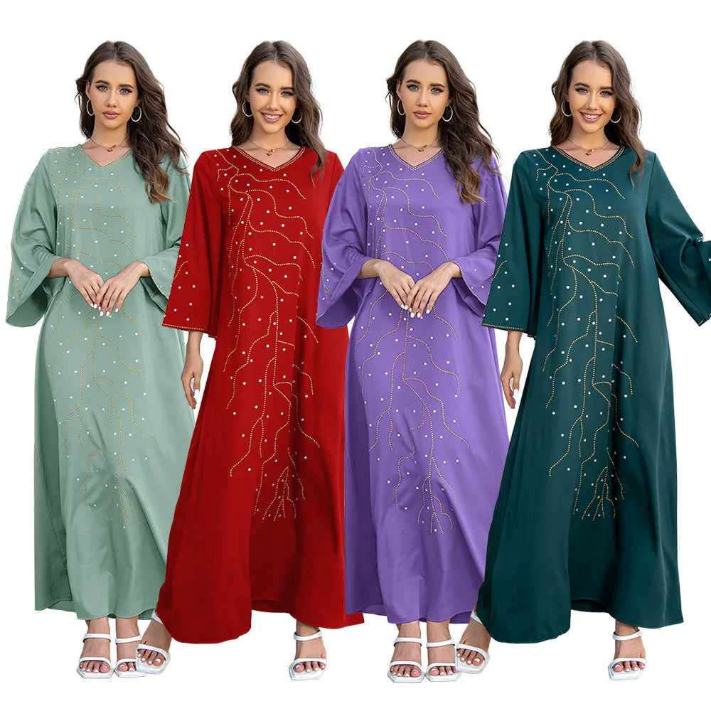 Women Diamond Abaya Kaftan V-neck Loose Robe Evening Dress Fashion Muslim Clothing