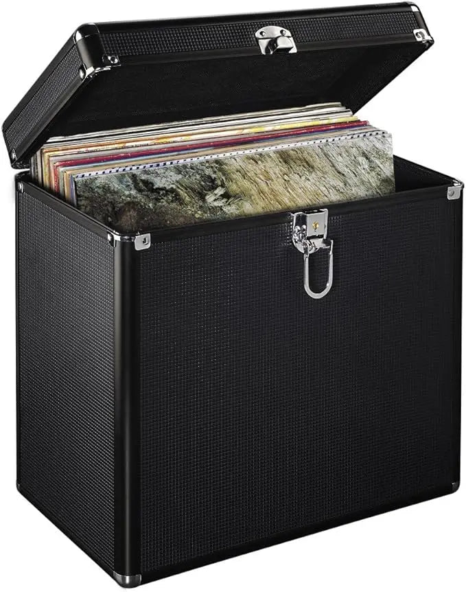 Portable Luxury Vinyl Record Storage Case LP Case in Aluminium Look with Lockable Feature Fits 50 Record