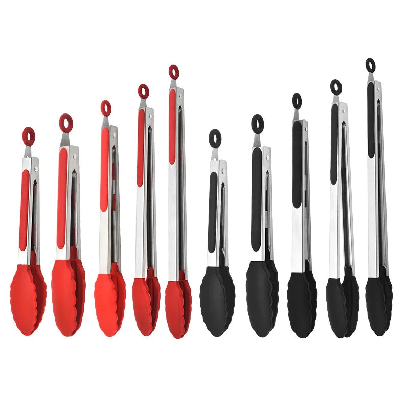 Nonslip Stainless Steel Food Tongs with Silicone Head Kitchen Utensils for Non-Stick Cooking and BBQ Stylish Hand Design