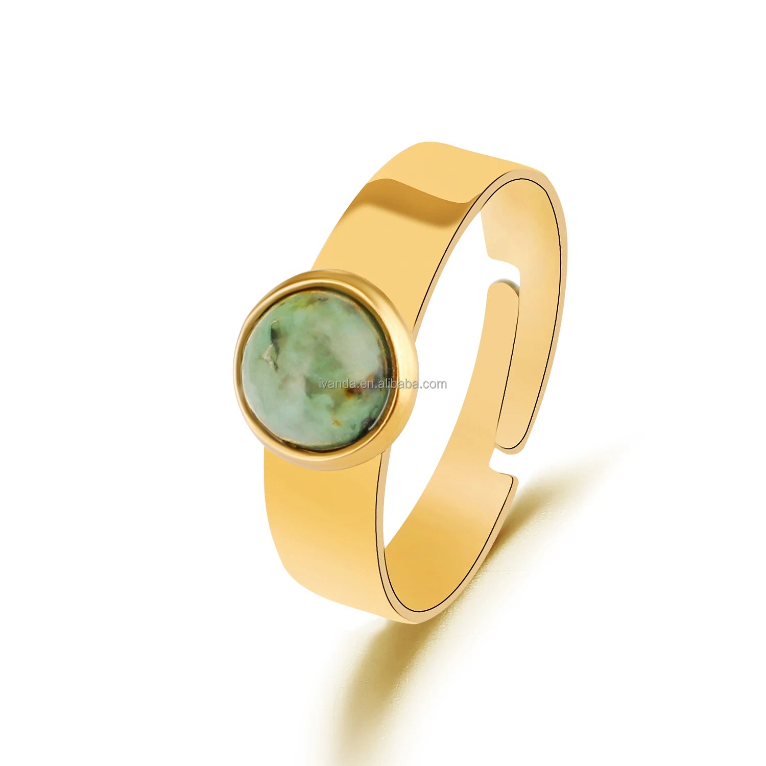 Green Natural Stone Finger Ring Gold Plated Stainless Steel Circle Design with Emerald Stone Good Luck Open Size Gemstone Ring