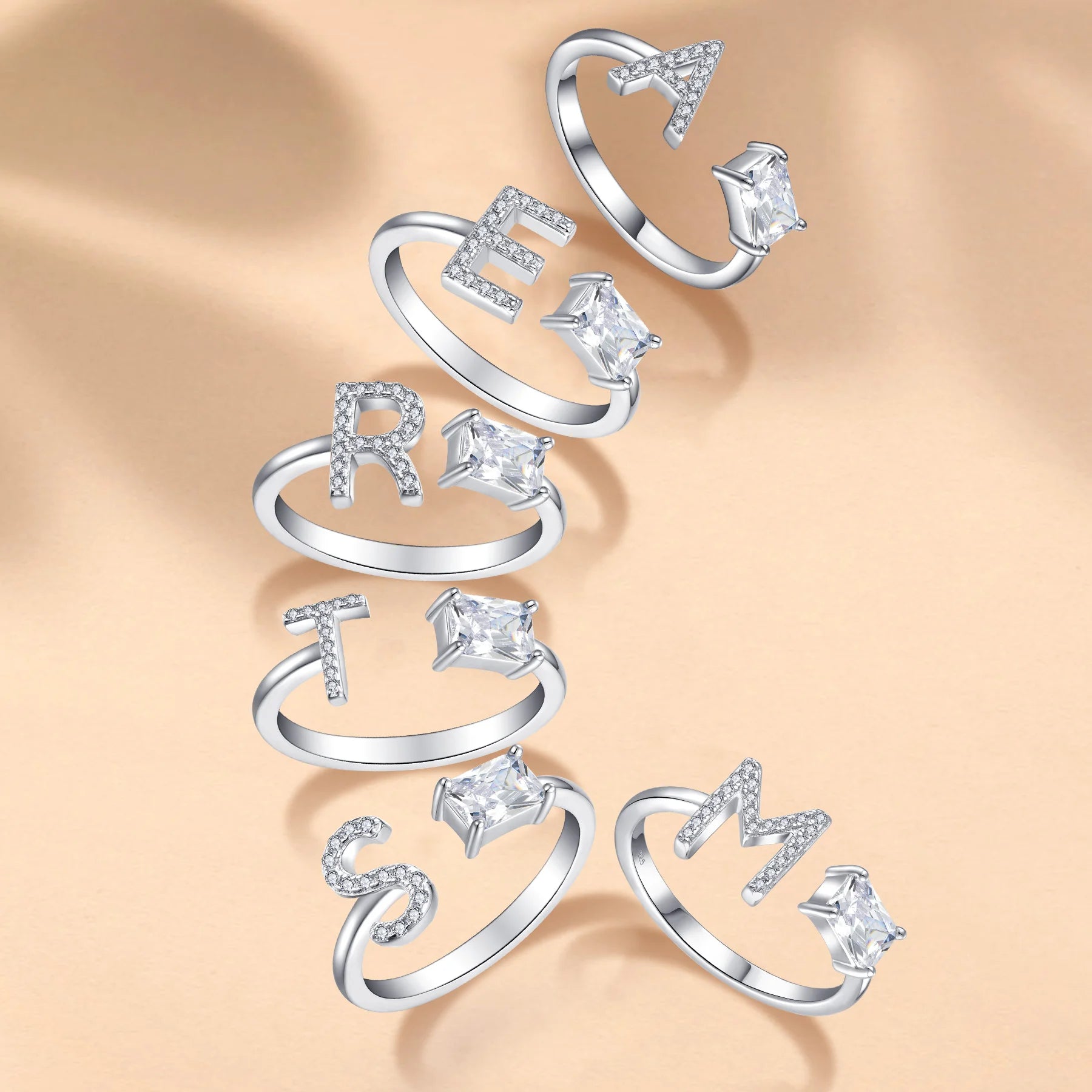 YILUN 925 Sterling Silver Rhodium Plated Initial Letter E Cubic Zirconia Adjustable Ring for Women's Jewelry