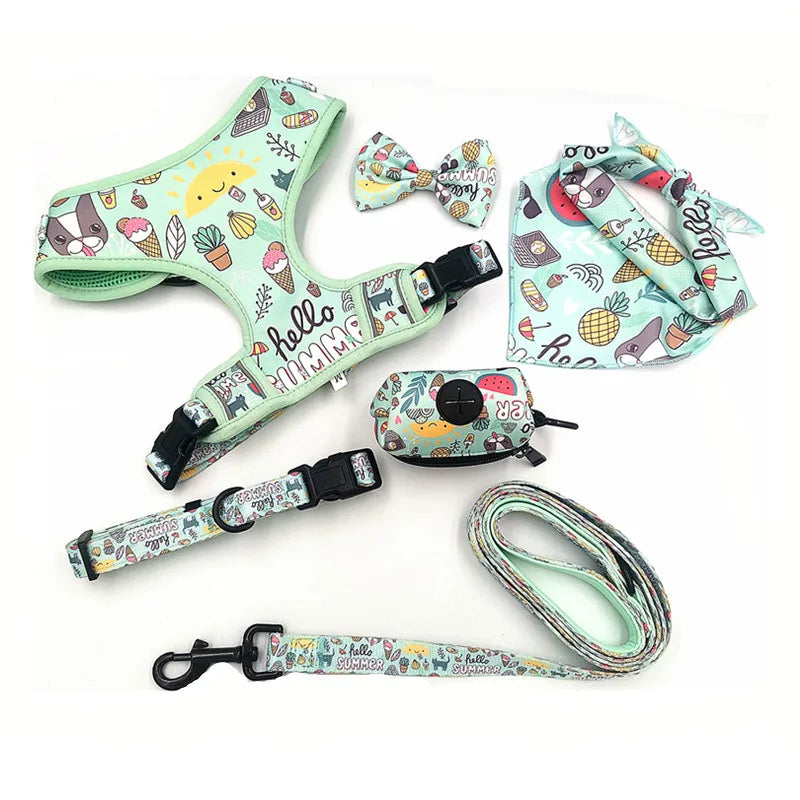 Adjustable Reflective 6 in 1 Pet Walking Dog Harness Leash Bow Collar Poop Bag Set Tactical No Pull Dog Harness Leash Collar