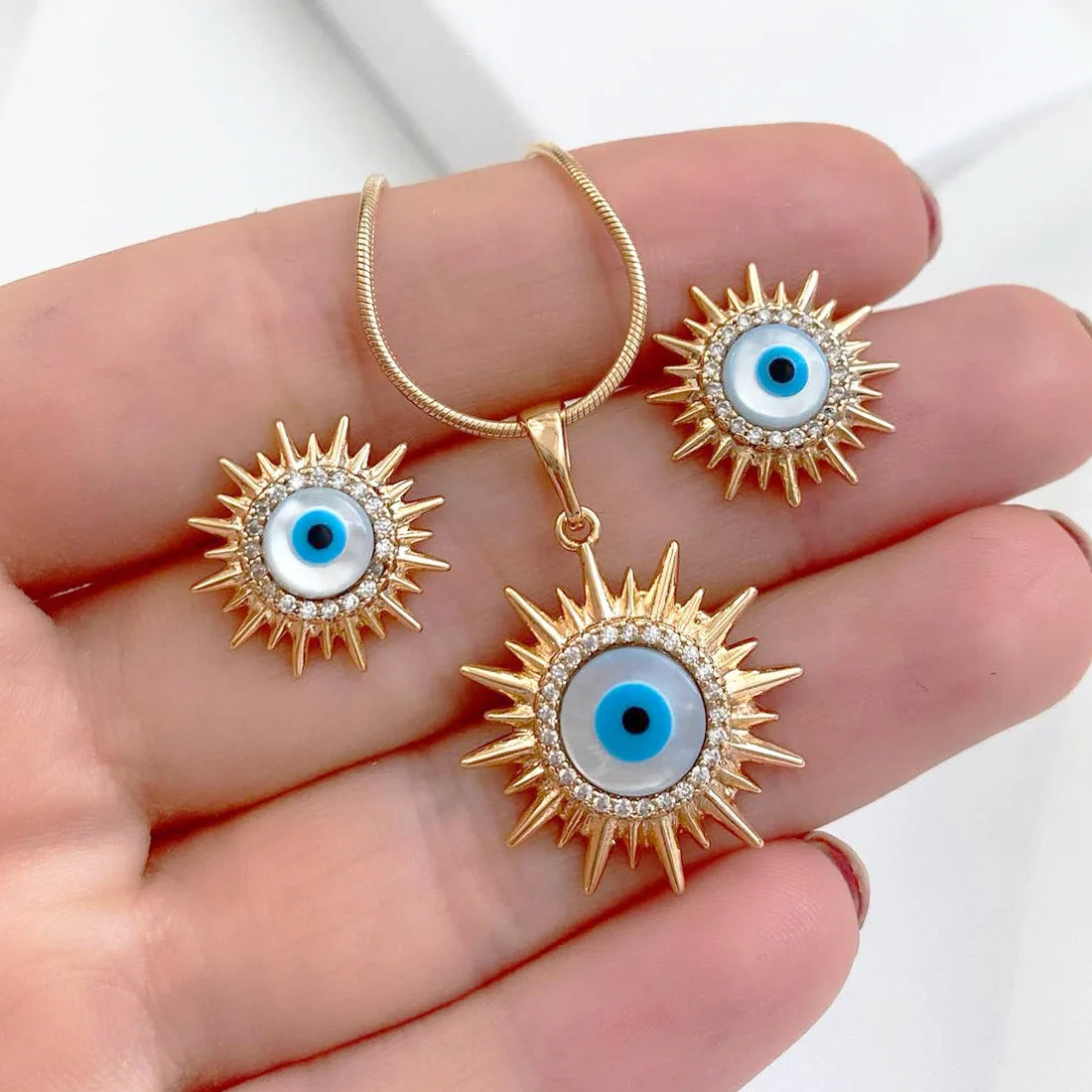 New Sunflower Jewellery Set Blue Eyes Diamonds Necklace Earrings Devil Eye Set for Women Gift