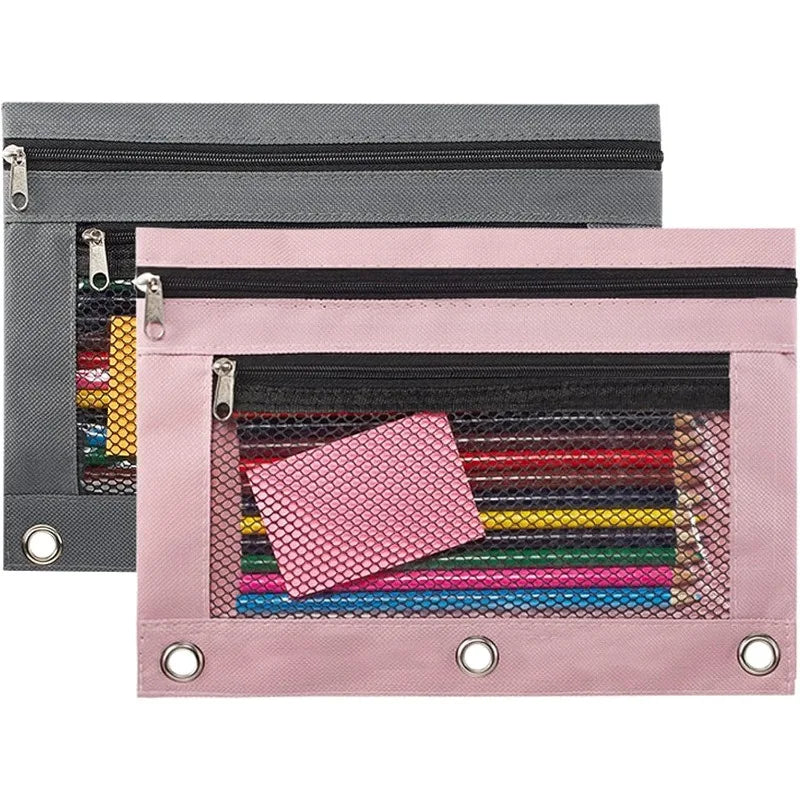 Oxford 10 Color 3 Eyes Stationery Bag Color B5 Three Hole Visible clear Document Pocket Double Layer Zipper Mesh Pencil case