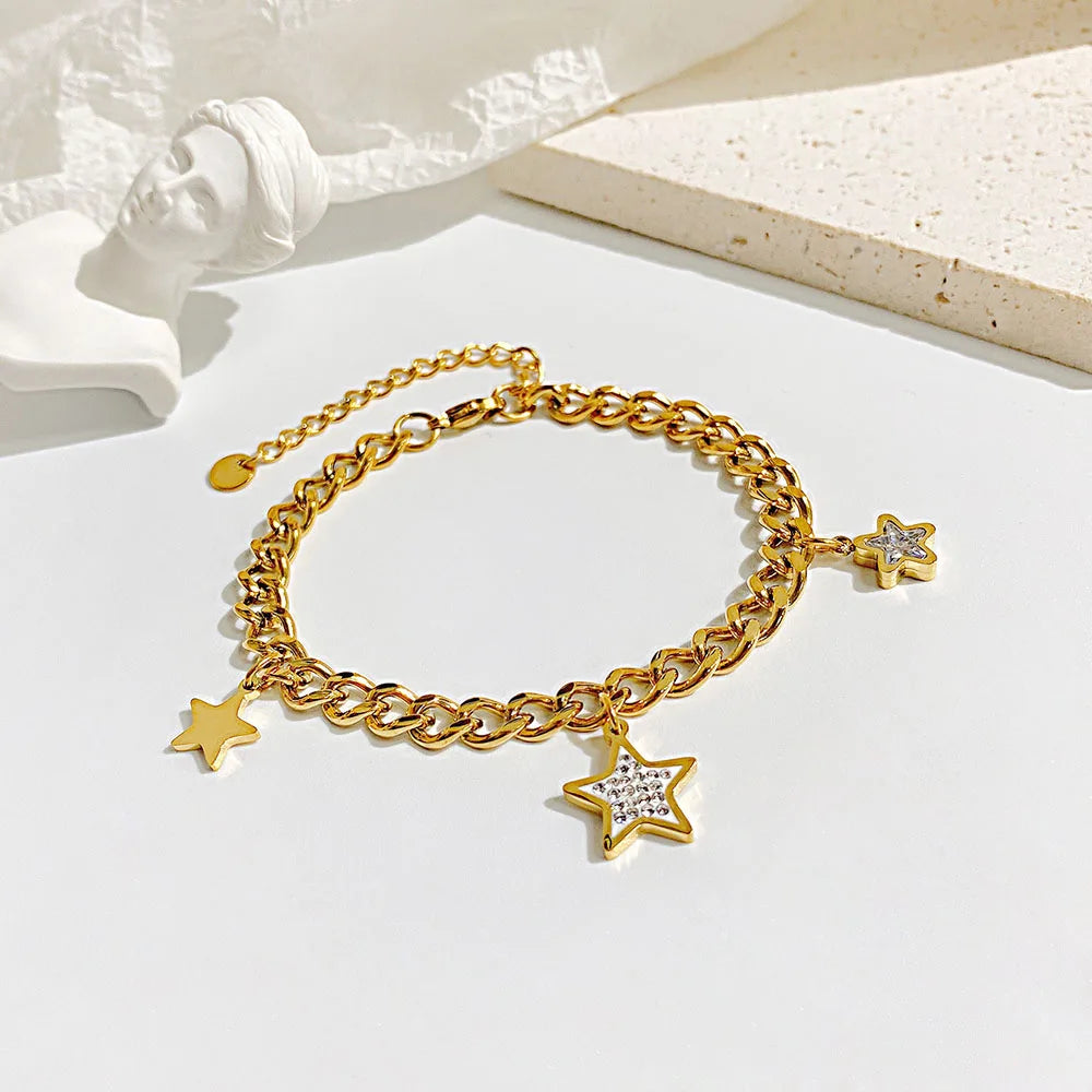 Fashion Trendy Stainless Steel Chunky Chain with Five Point Star Charm Pendant Bracelet Jewelry