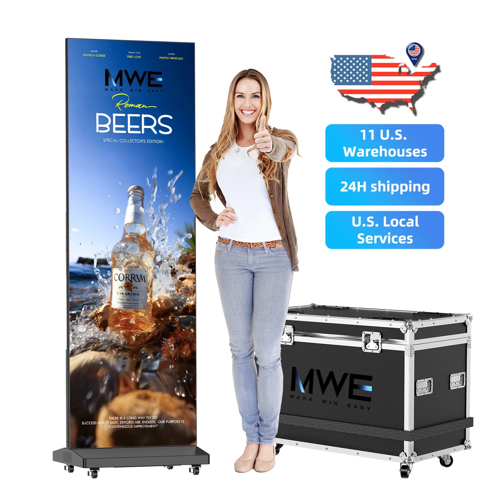 MWE US Warehouse 80" P1.86 Spliceable Silver LED Digital Signage Display WiFi/USB Foldable LED Poster Screen LED Display