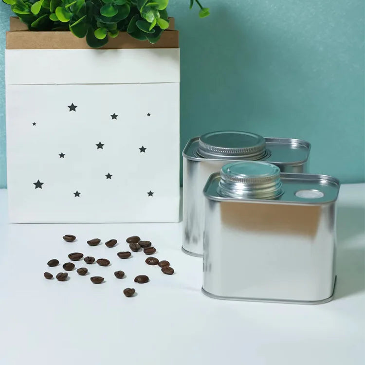 Custom 200g Tinplate Square Coffee Bean Tea Packaging Box Degassing Valve Metal Canister for Sandwich Candy Sugar Use Recyclable