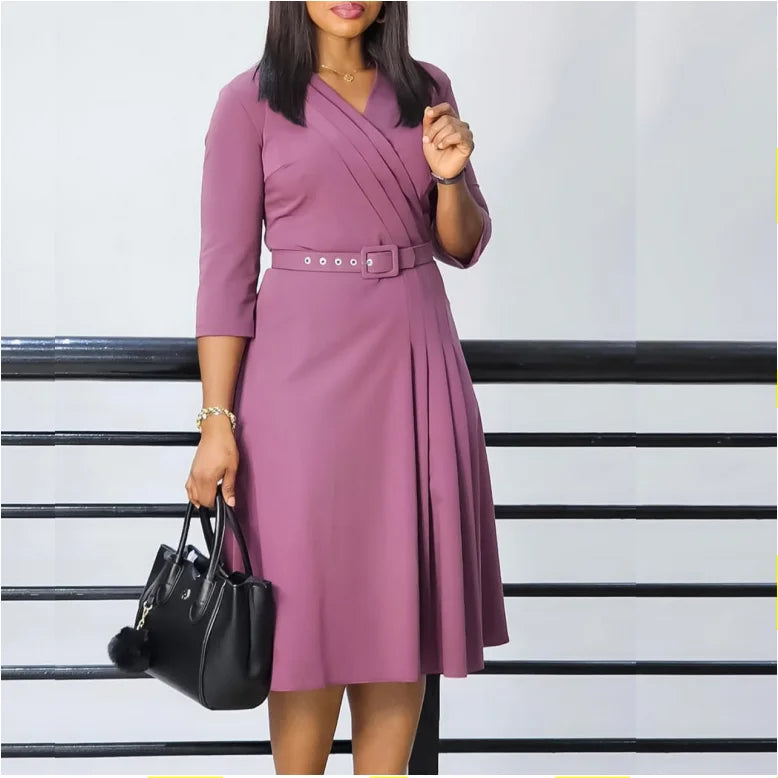 S-3XL New V-neck Fashion Dress Temperament Pleated Elastic Dress Elegant African Dress