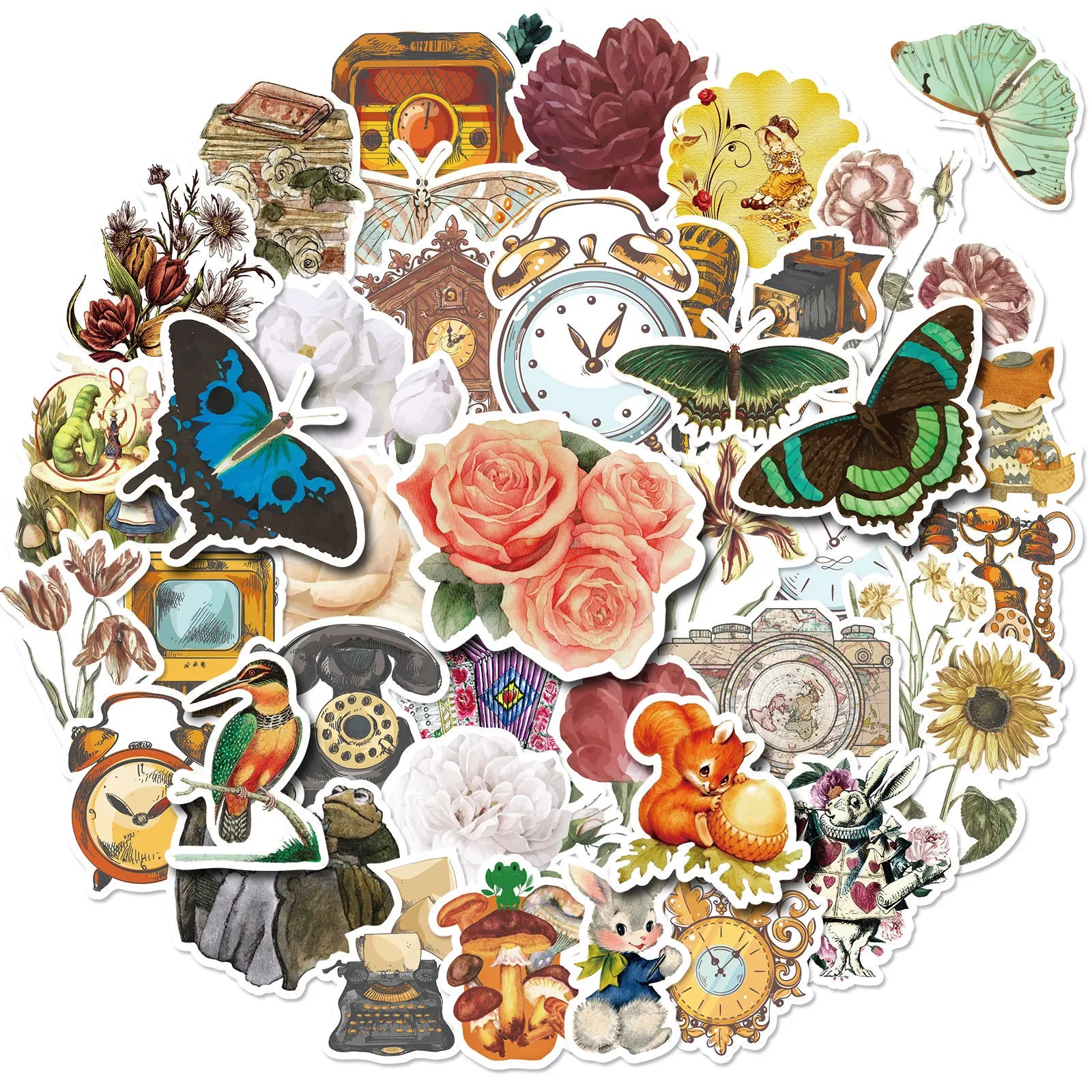 50Pcs Vintage Flowers Floral Stickers Hand Acount Decorative Sticker for Window Wall Waterproof Label Pack