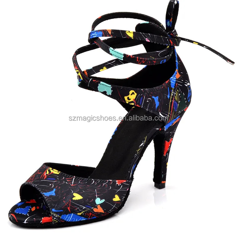 Customized Salsa Latin Dance Shoes for Women Satin Print