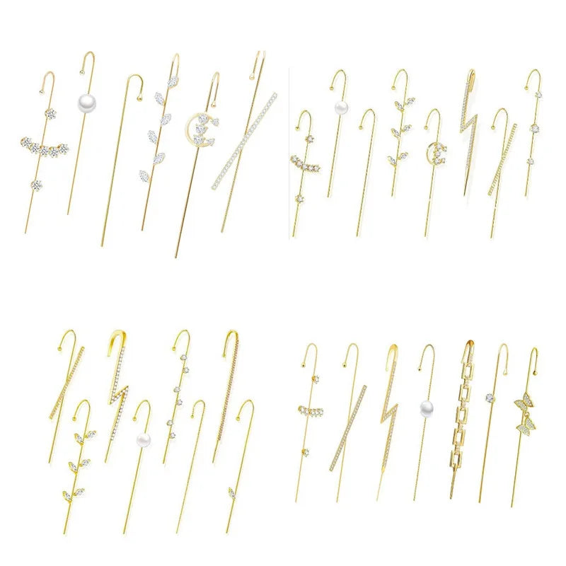 Hot Sale Long Piercing Wrap Climber Gold Plated Rhinestone Crawler Earrings Cuff Setfor Women Girls Valentine Birthday Jewelry