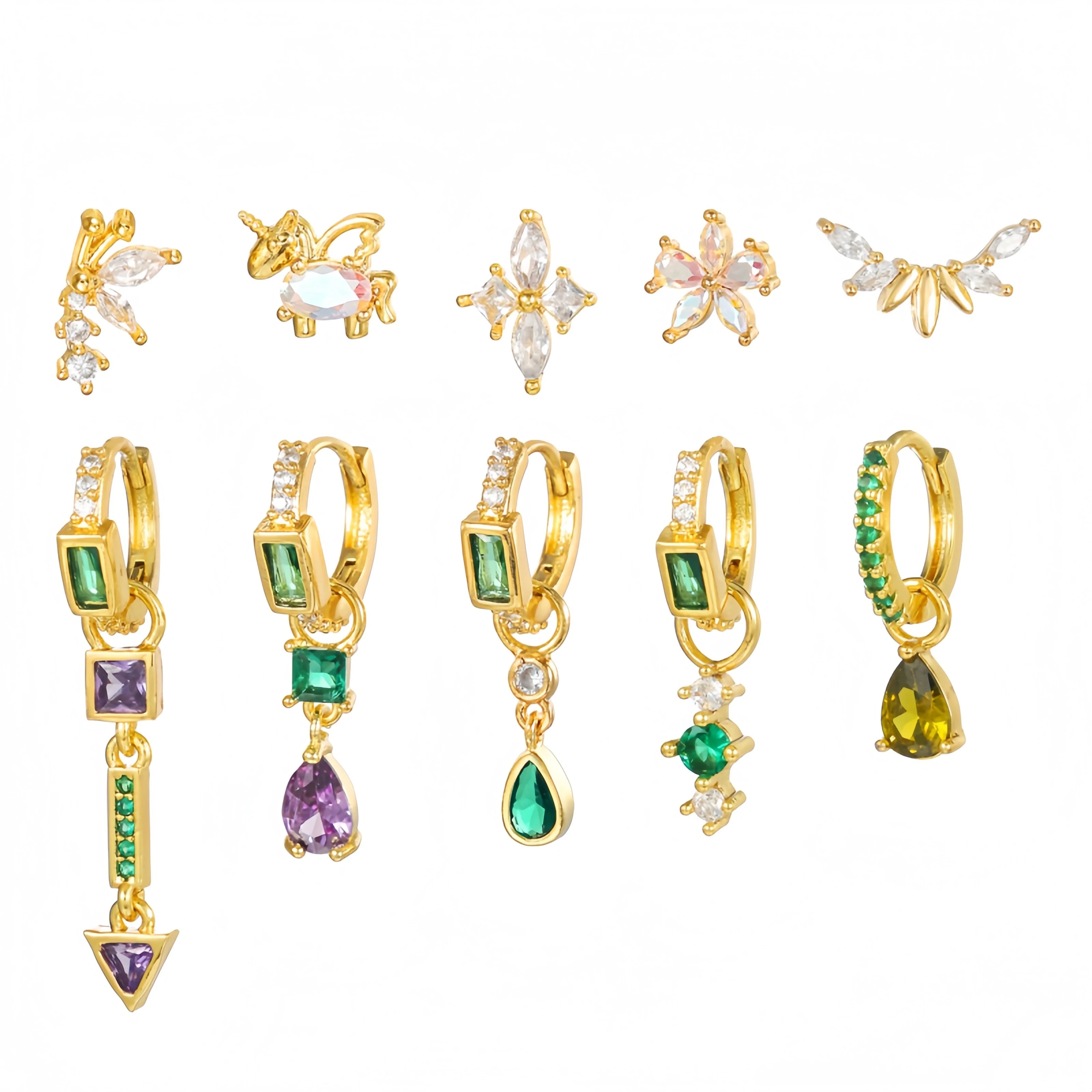 Trendy 10pcs 5A Zircon Green Earrings Natural Aesthetic S925 Silver Studs Women's Timeless Style 18K Gold Plated Jewelry Set