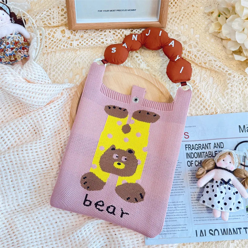Fashionable New Knitted Crossbody Bag Cute Cartoon Design Compact Versatile Handbag with Zipper Closure Waterproof Feature