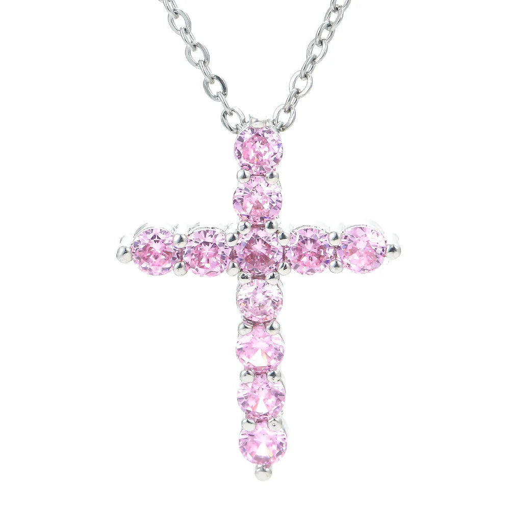 Crystal Pink Green Cross Pendant Necklace Jewelry for Women Accessories CZ Cubic Zirconia 2025 Trendy Fashion Luxury Brass N0020