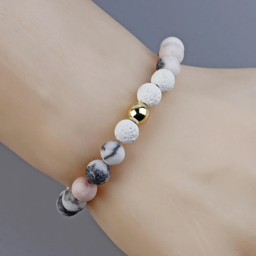 Custom Fashion Bracelet Natural pink zebra Stone Gold Bead String Elastic Bracelet Jewelry