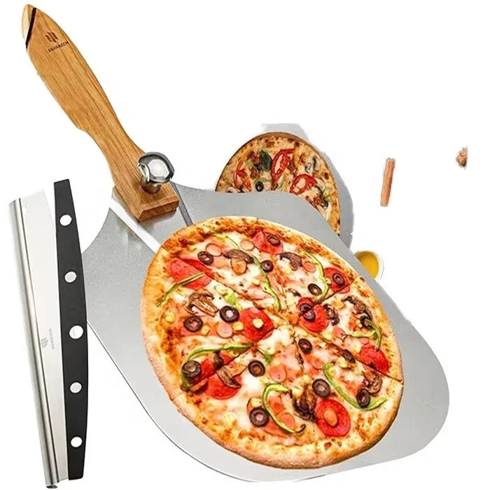 Kitchen Tools Aluminum Pizza Safety Transfer Shovel with Wood Handle for Baking & Serving Pizza Peels