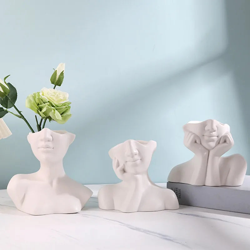 Modern White Ceramic Face Vases Art Deco Style Handicrafts for Home Decor Simple Entrance Portrait Art Matt Glaze