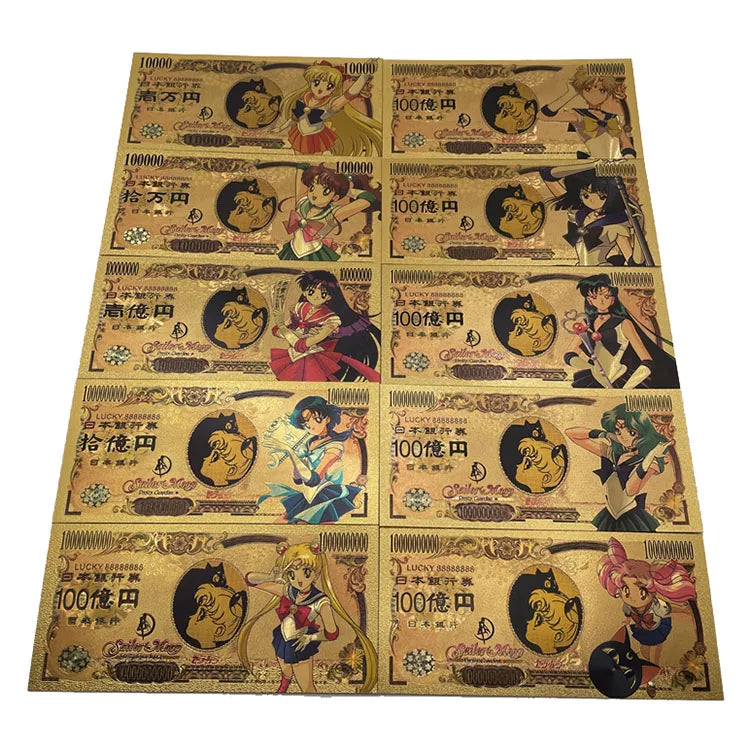 Beautiful Color Japanese Cartoon Anime Sailor Moon 10000 Yen Money 24k Gold Banknotes