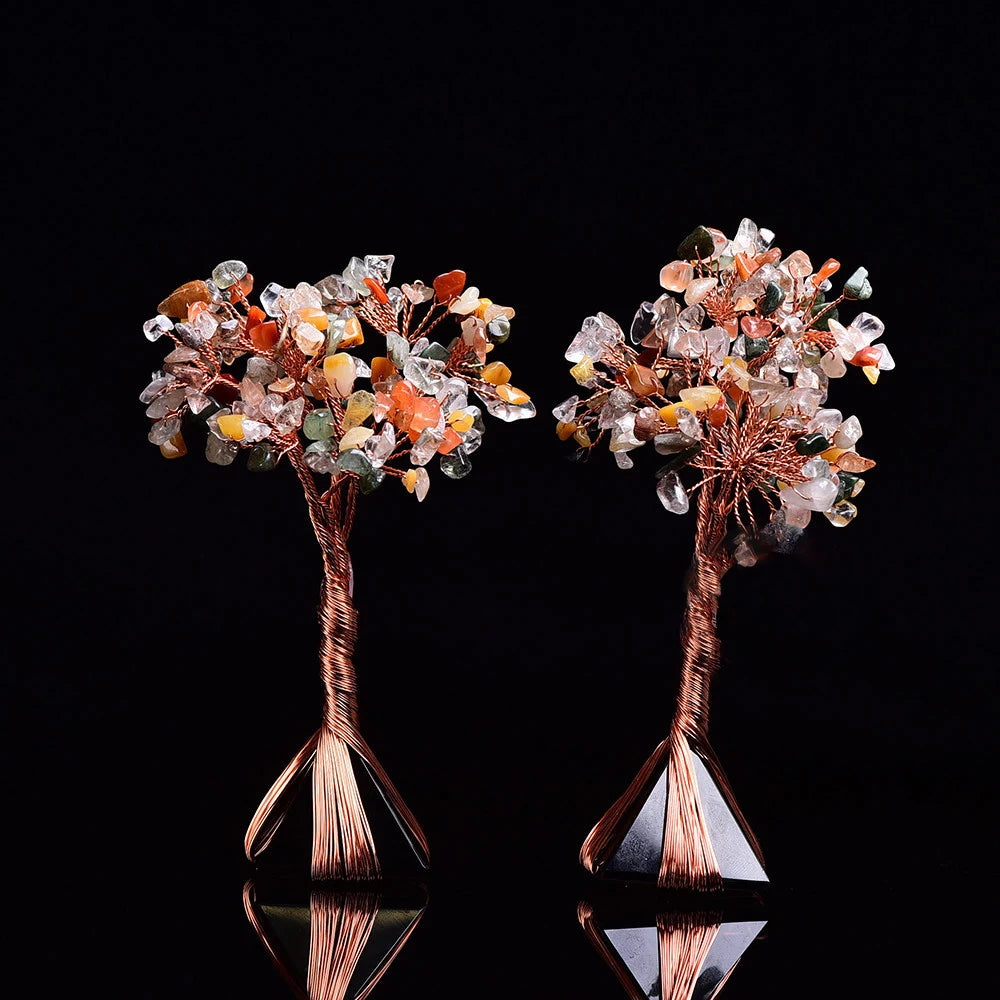 Natural Colorful Crystals Money Tree Black Obsidian Pyramid Base for Good Luck Spiritual Gift