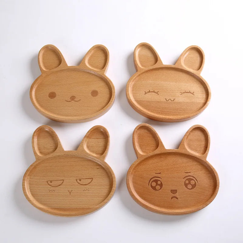 Wood Baby Kids Boy Girl Children Cartoon Custom Bunny Rabbit Shape Wooden Plate Tray
