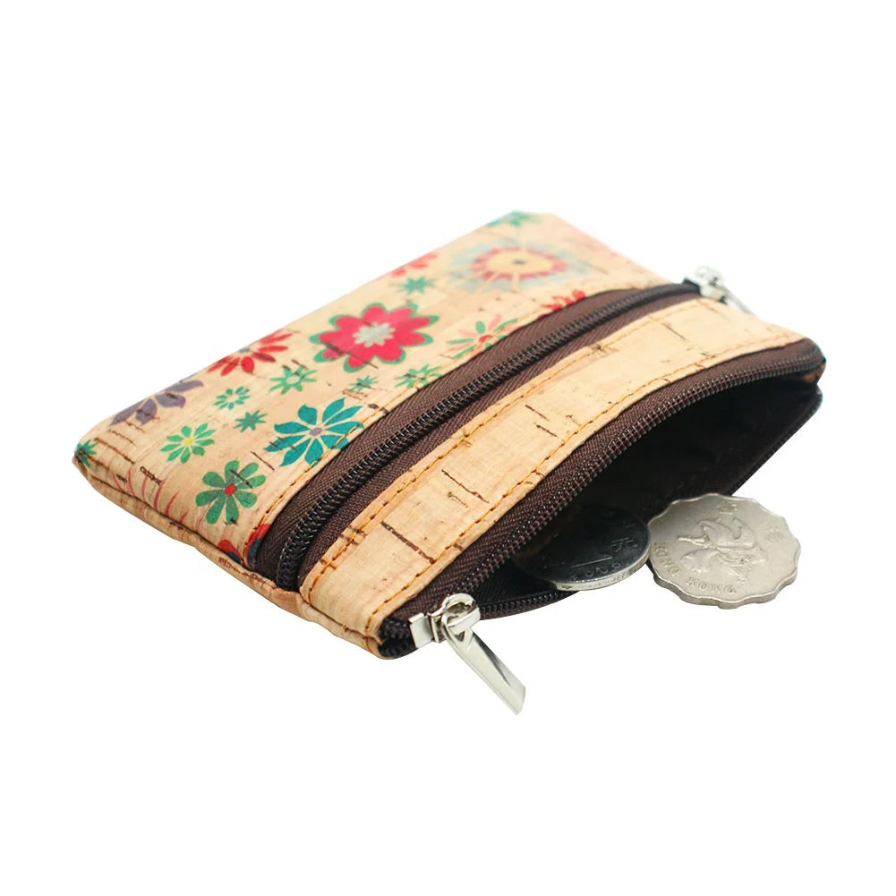 Boshiho Custom Beautiful Flower Natural Wood Cork Leather Rfid Blocking Fabric Vegan Slim Mini Key Cork Card Holder Wallet